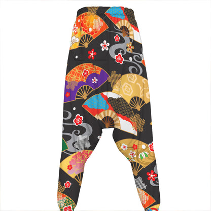Japanese Hand Fan Pattern Print Hammer Pants