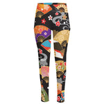Japanese Hand Fan Pattern Print High-Waisted Pocket Leggings