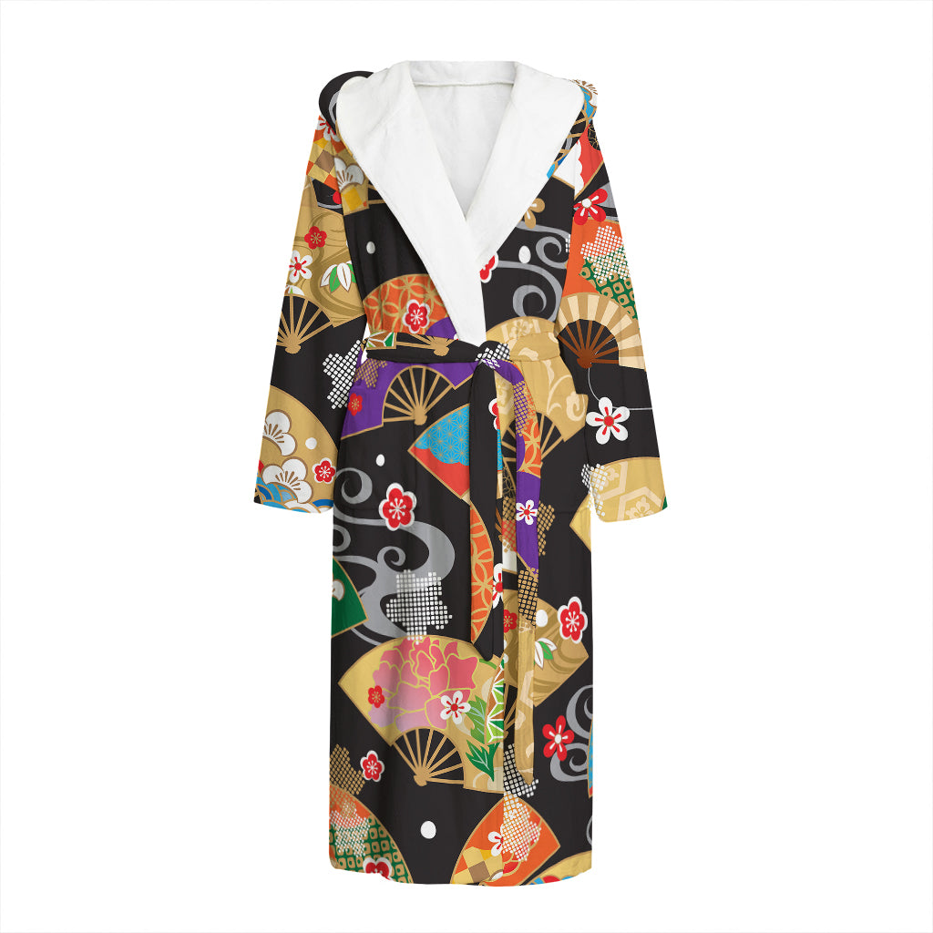 Japanese Hand Fan Pattern Print Hooded Bathrobe