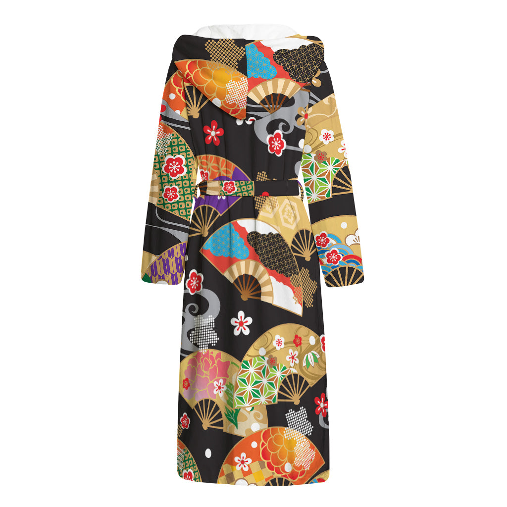 Japanese Hand Fan Pattern Print Hooded Bathrobe