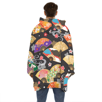 Japanese Hand Fan Pattern Print Hoodie Blanket