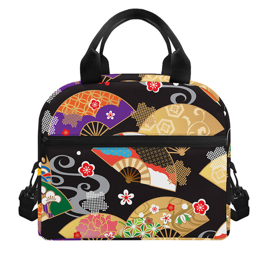 Japanese Hand Fan Pattern Print Insulated Lunch Bag