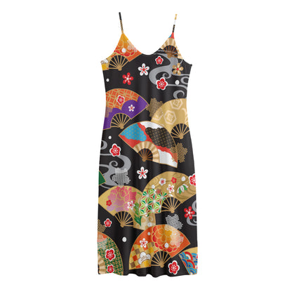 Japanese Hand Fan Pattern Print Jersey Midi Cami Dress