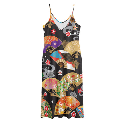 Japanese Hand Fan Pattern Print Jersey Midi Cami Dress