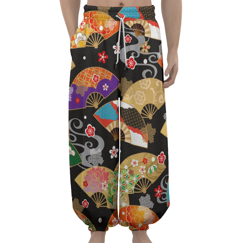 Japanese Hand Fan Pattern Print Lantern Pants