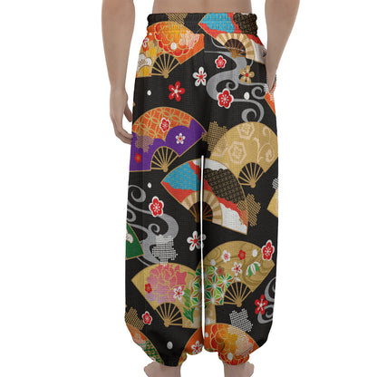 Japanese Hand Fan Pattern Print Lantern Pants