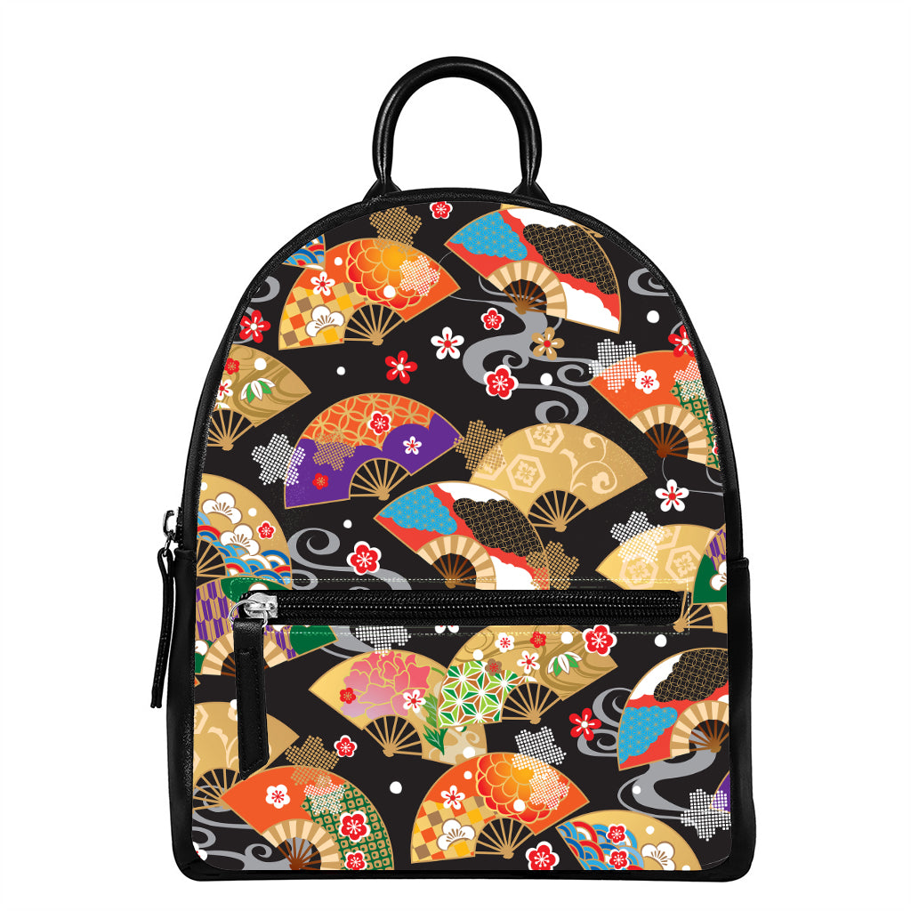 Japanese Hand Fan Pattern Print Leather Backpack