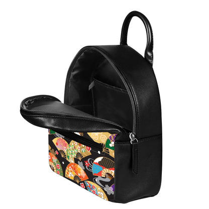 Japanese Hand Fan Pattern Print Leather Backpack