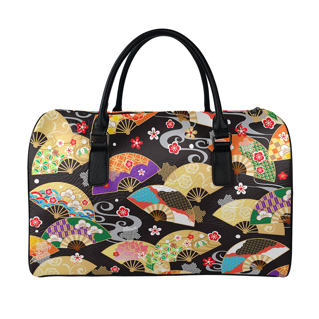 Japanese Hand Fan Pattern Print Leather Duffle Bag
