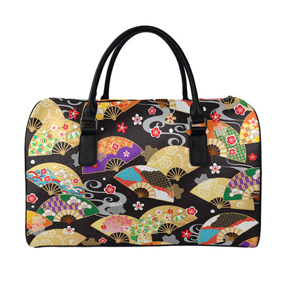 Japanese Hand Fan Pattern Print Leather Duffle Bag