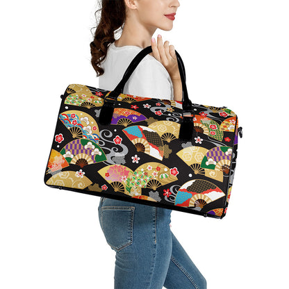 Japanese Hand Fan Pattern Print Leather Duffle Bag
