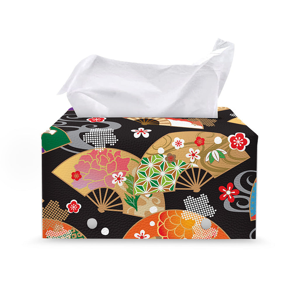 Japanese Hand Fan Pattern Print Leather Tissue Box Cover