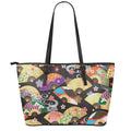 Japanese Hand Fan Pattern Print Leather Tote Bag With Zipper