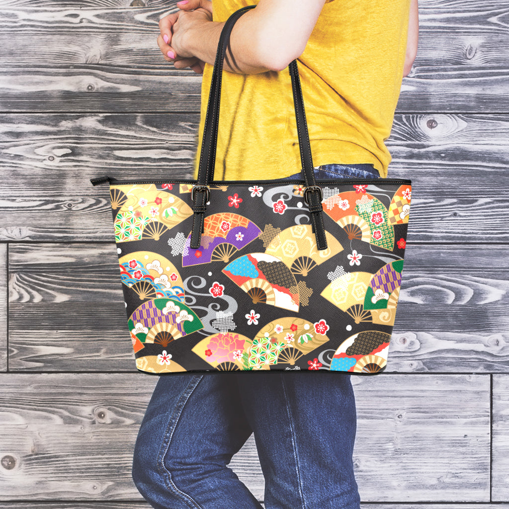 Japanese Hand Fan Pattern Print Leather Tote Bag