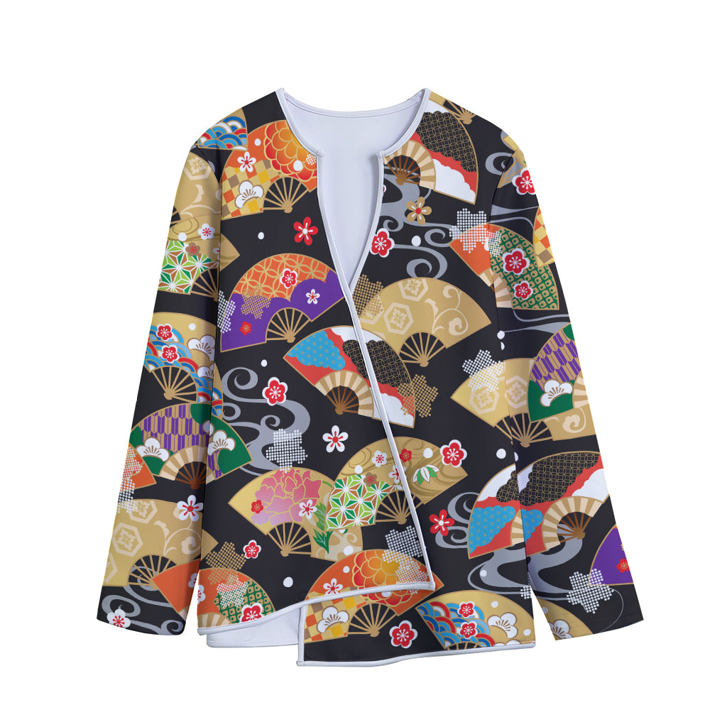 Japanese Hand Fan Pattern Print Long Sleeve Short Coat