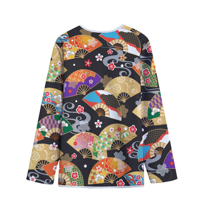 Japanese Hand Fan Pattern Print Long Sleeve Short Coat