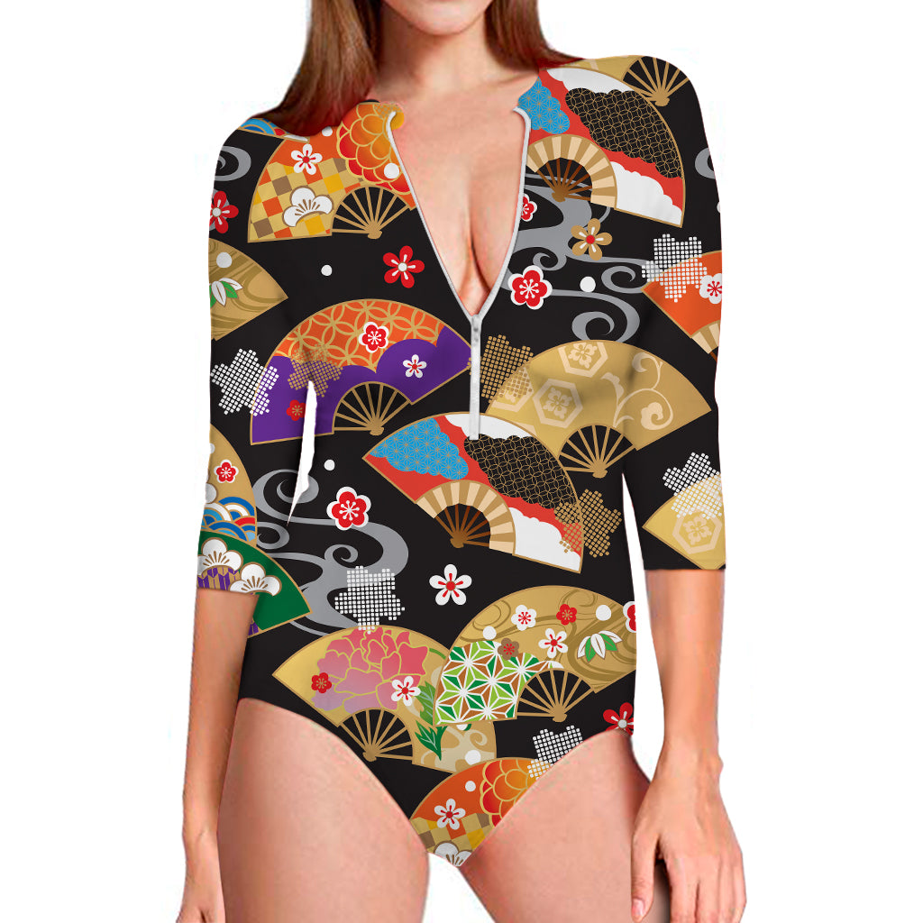 Japanese Hand Fan Pattern Print Long Sleeve Swimsuit
