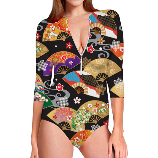 Japanese Hand Fan Pattern Print Long Sleeve Swimsuit