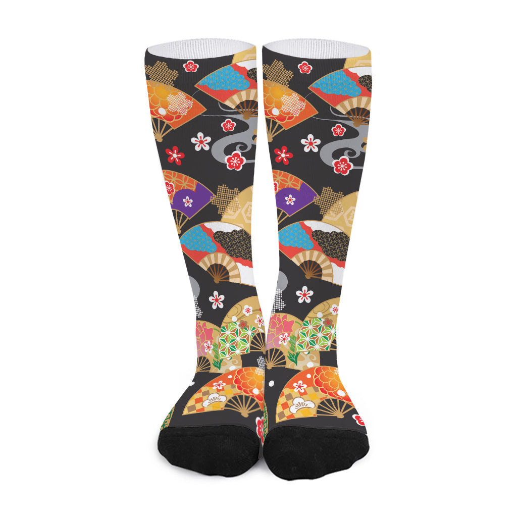 Japanese Hand Fan Pattern Print Long Socks