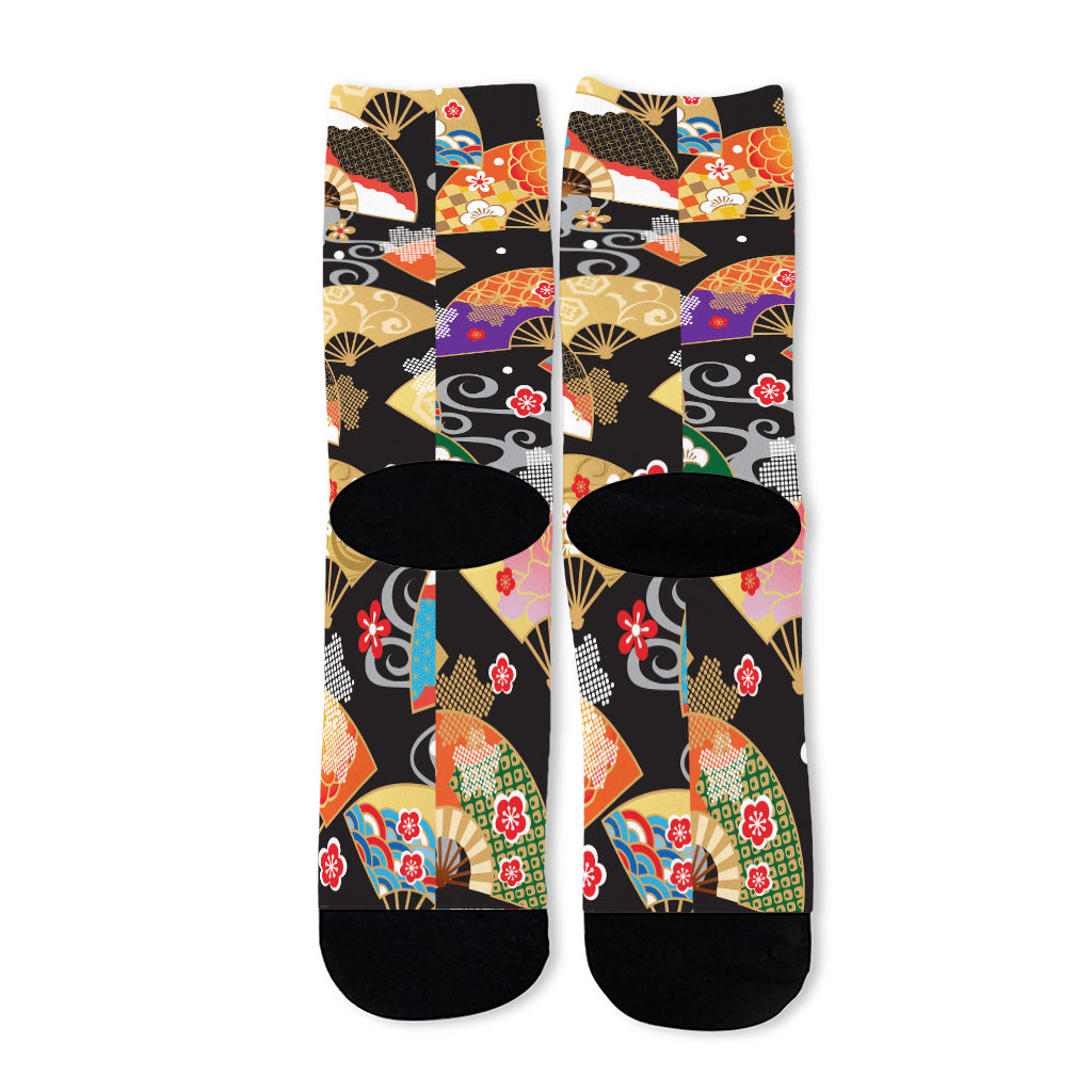 Japanese Hand Fan Pattern Print Long Socks