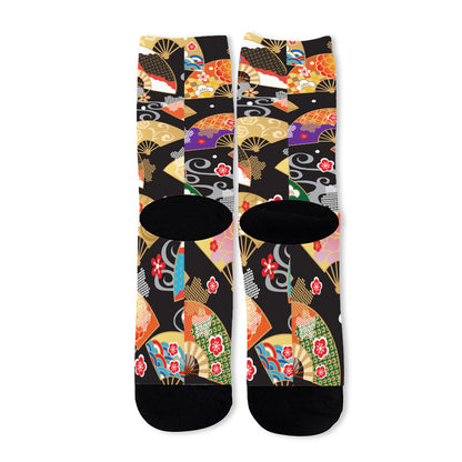 Japanese Hand Fan Pattern Print Long Socks