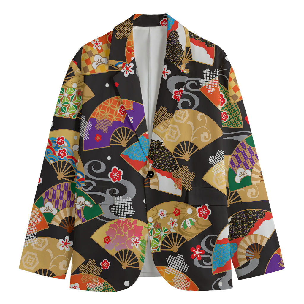 Japanese Hand Fan Pattern Print Men's Blazer