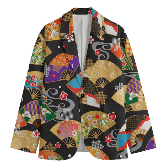 Japanese Hand Fan Pattern Print Men's Cotton Blazer
