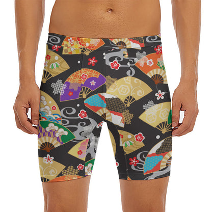 Japanese Hand Fan Pattern Print Men's Long Boxer Briefs