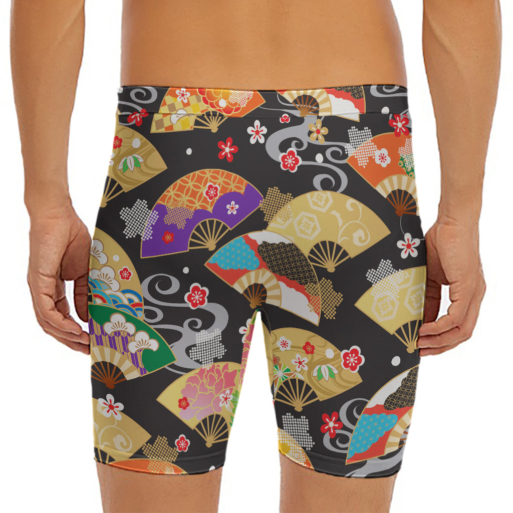 Japanese Hand Fan Pattern Print Men's Long Boxer Briefs