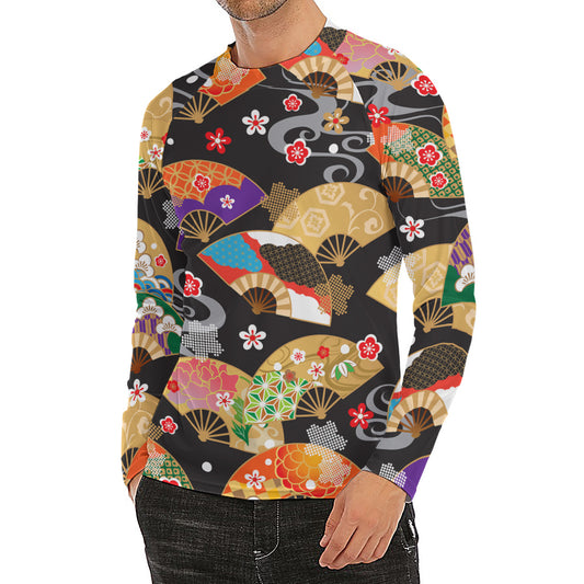 Japanese Hand Fan Pattern Print Men's Long Sleeve Rash Guard