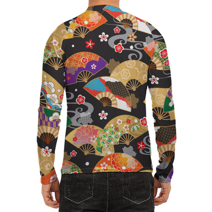 Japanese Hand Fan Pattern Print Men's Long Sleeve Rash Guard