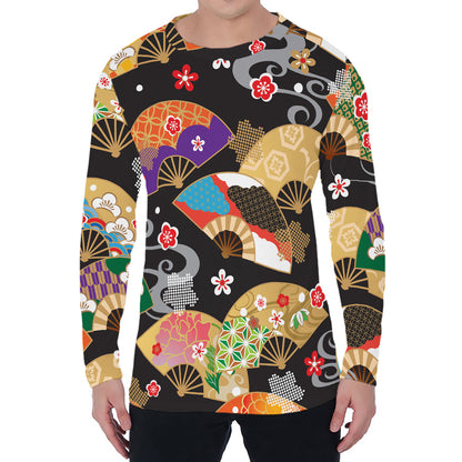 Japanese Hand Fan Pattern Print Men's Long Sleeve T-Shirt