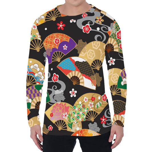 Japanese Hand Fan Pattern Print Men's Long Sleeve T-Shirt