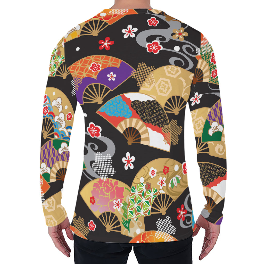 Japanese Hand Fan Pattern Print Men's Long Sleeve T-Shirt