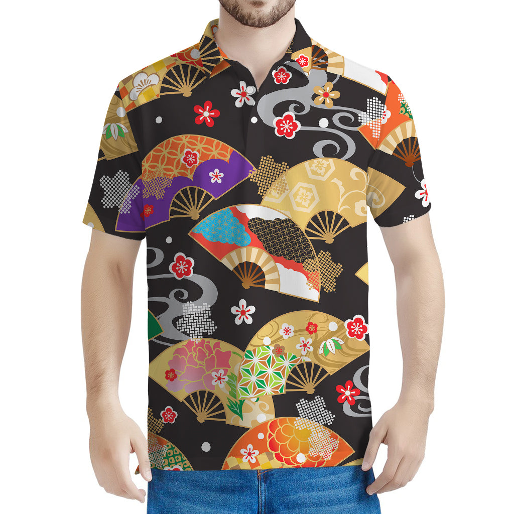 Japanese Hand Fan Pattern Print Men's Polo Shirt