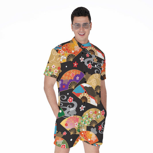 Japanese Hand Fan Pattern Print Men's Rompers