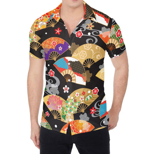 Japanese Hand Fan Pattern Print Men's Shirt