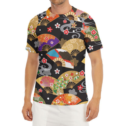 Japanese Hand Fan Pattern Print Men's Short Sleeve Rash Guard