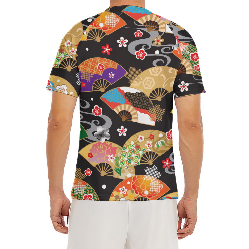 Japanese Hand Fan Pattern Print Men's Short Sleeve Rash Guard