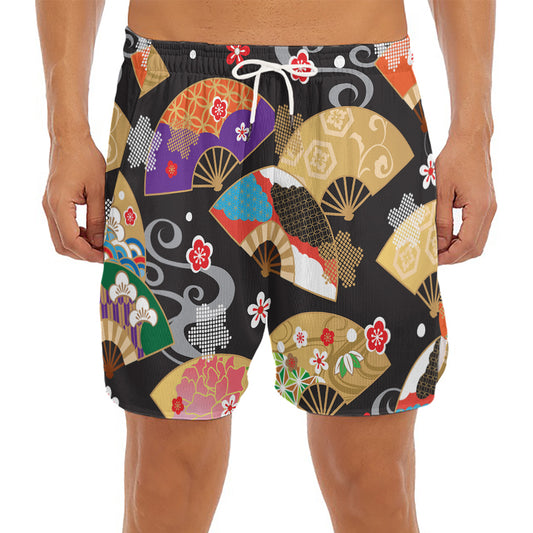 Japanese Hand Fan Pattern Print Men's Split Running Shorts