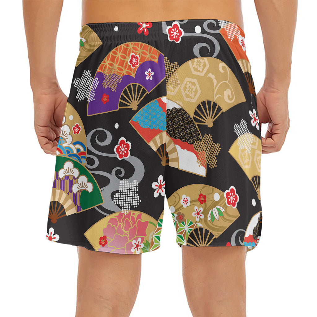 Japanese Hand Fan Pattern Print Men's Split Running Shorts