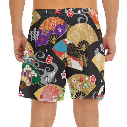 Japanese Hand Fan Pattern Print Men's Split Running Shorts