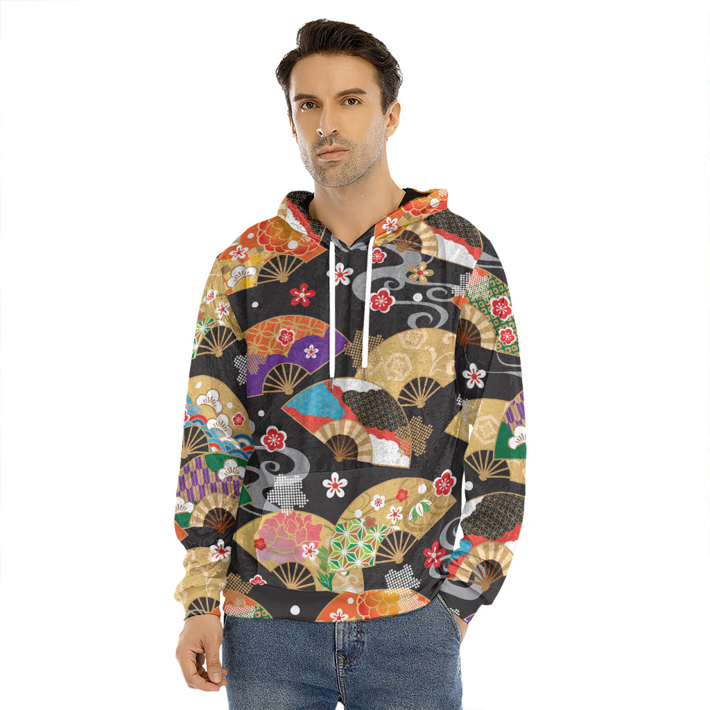 Japanese Hand Fan Pattern Print Men's Velvet Pullover Hoodie