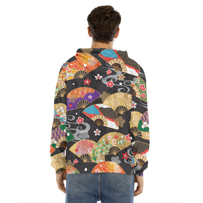 Japanese Hand Fan Pattern Print Men's Velvet Pullover Hoodie