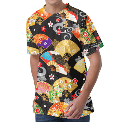 Japanese Hand Fan Pattern Print Men's Velvet T-Shirt