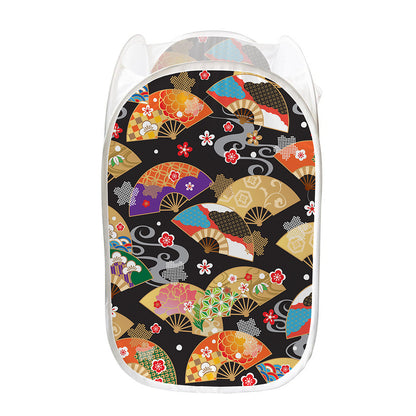 Japanese Hand Fan Pattern Print Mesh Laundry Hamper