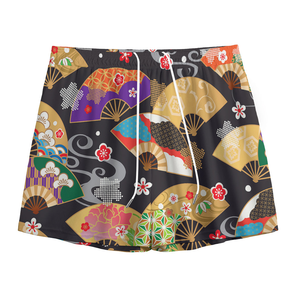 Japanese Hand Fan Pattern Print Mesh Shorts