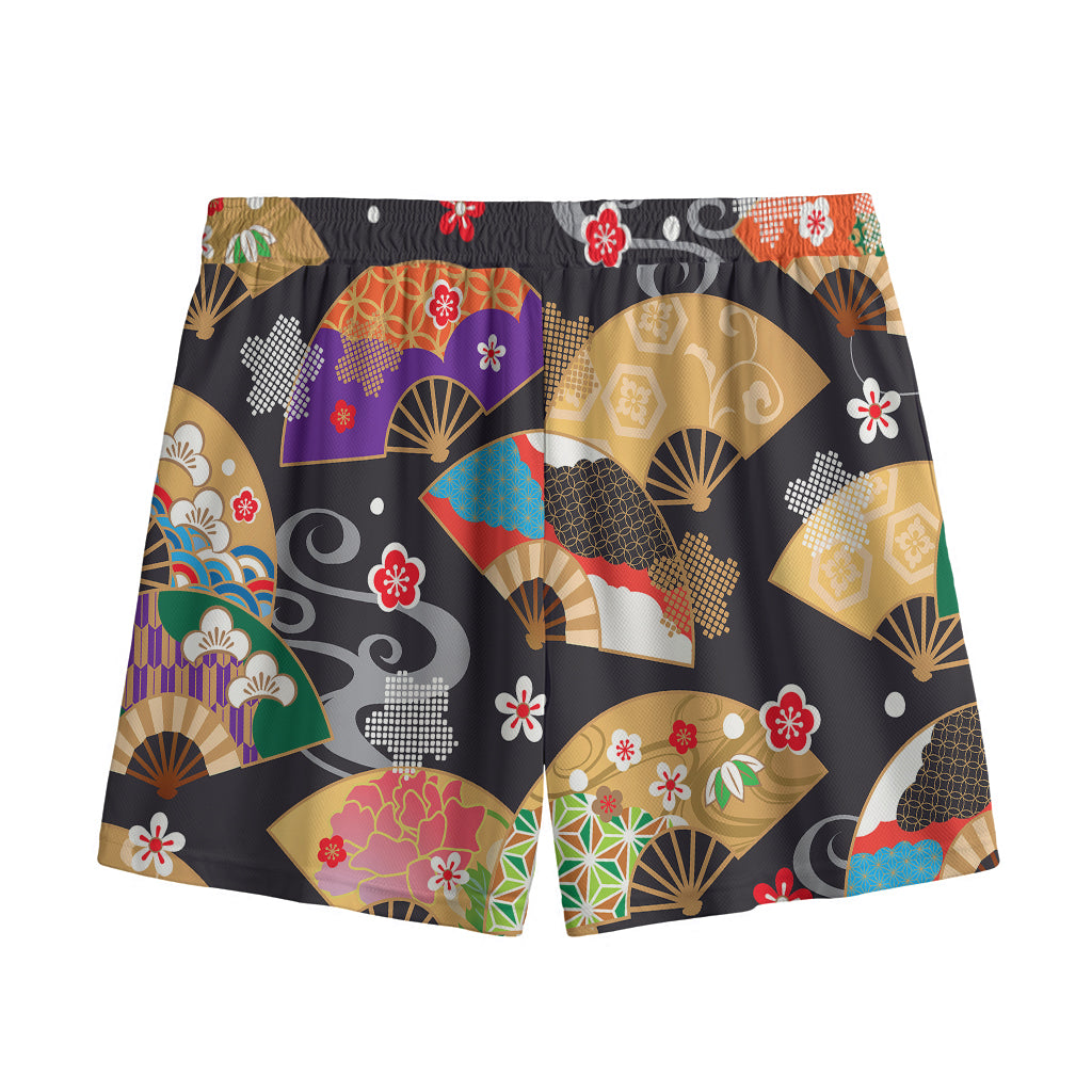 Japanese Hand Fan Pattern Print Mesh Shorts
