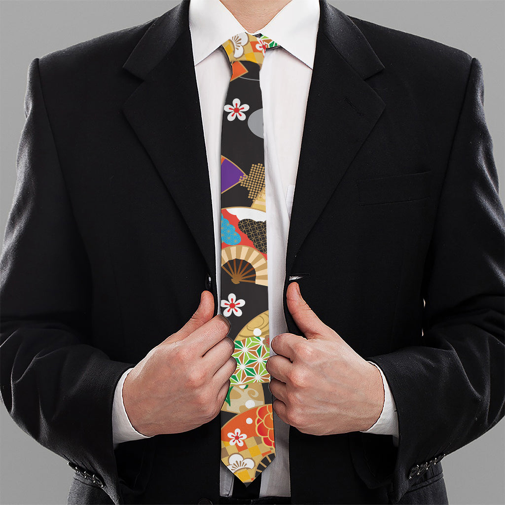 Japanese Hand Fan Pattern Print Necktie