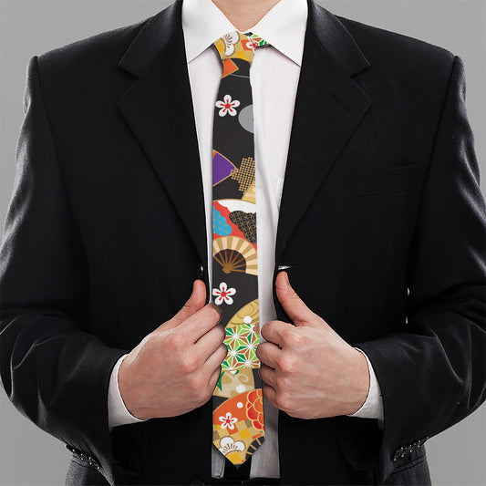 Japanese Hand Fan Pattern Print Necktie